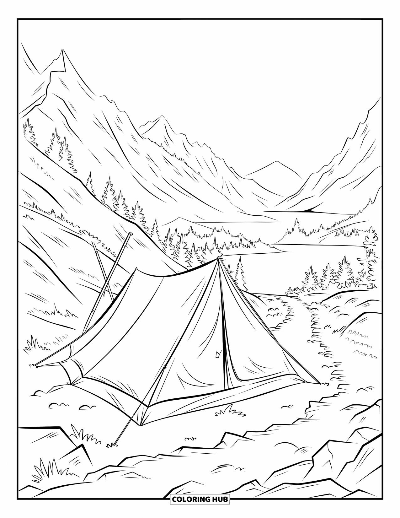 Tent Coloring Page for Kids: Ridge tent and hiking stick with a mountain view and lake reflection