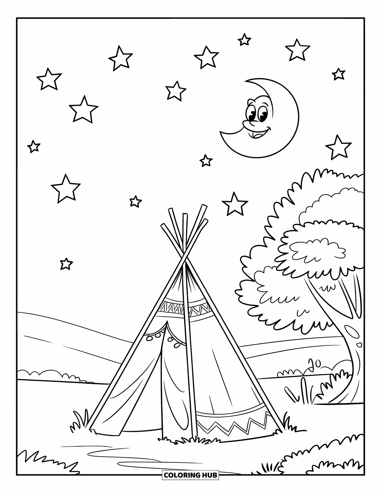 Tent Coloring Page for Kids: Teepee tent near a tree with a happy moon and stars above