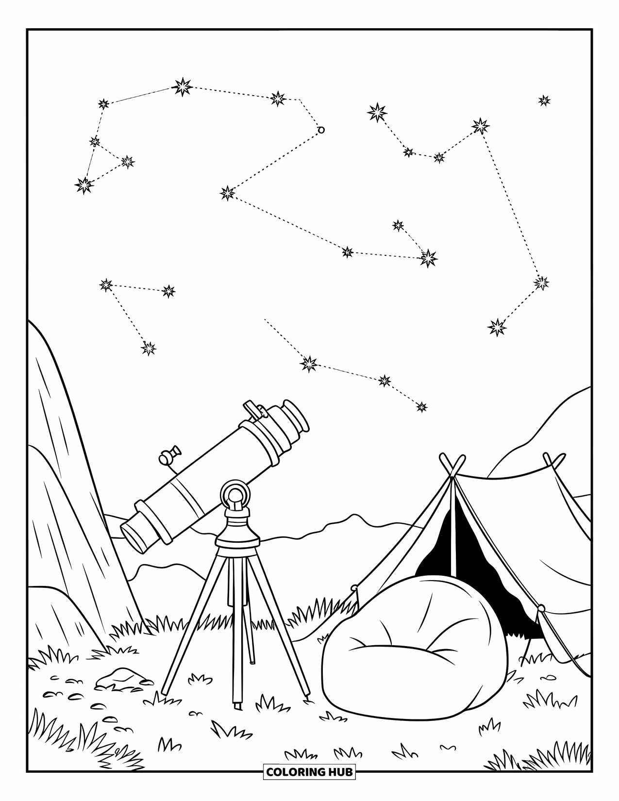Tent Coloring Page for Kids: Telescope, bean bag, and tent under a star-filled mountain sky