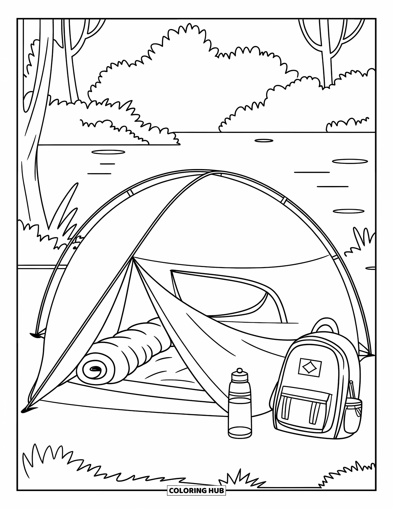 Tent Coloring Page for Kids: Tent and camping gear set by the water with trees all around