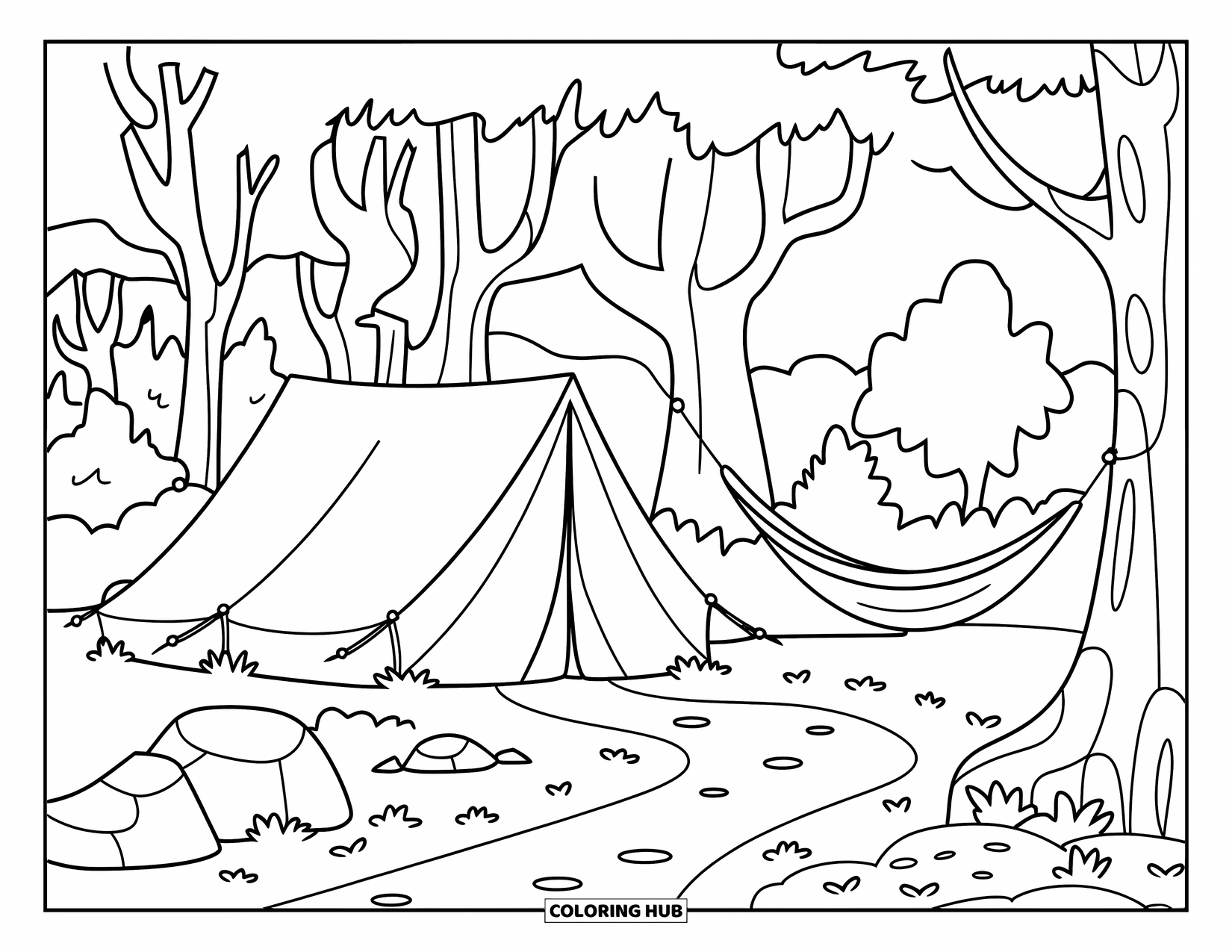 Tent Coloring Page for Kids: Tent and hammock beside a leaf-covered trail with trees of varying shapes