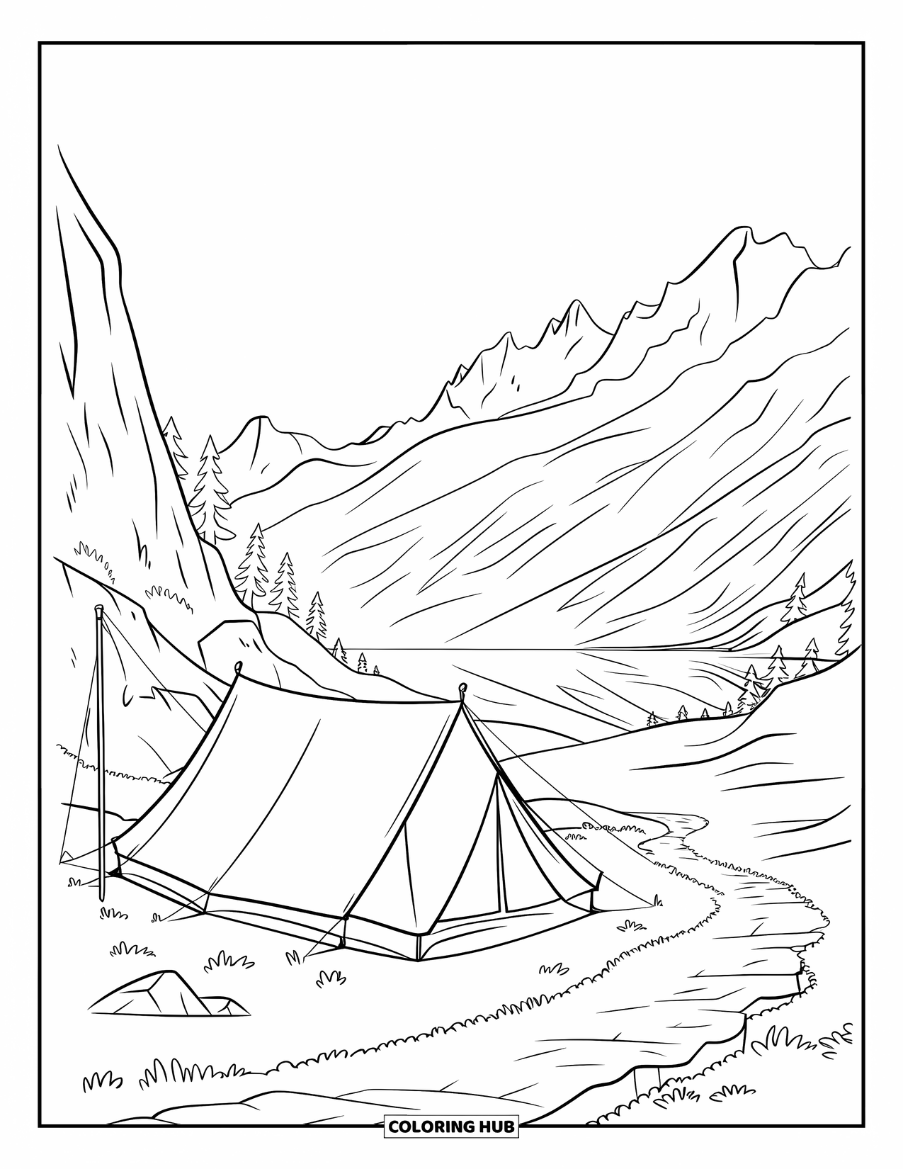Tent Coloring Page for Kids: Tent beside a hiking pole on a trail near a reflective mountain lake