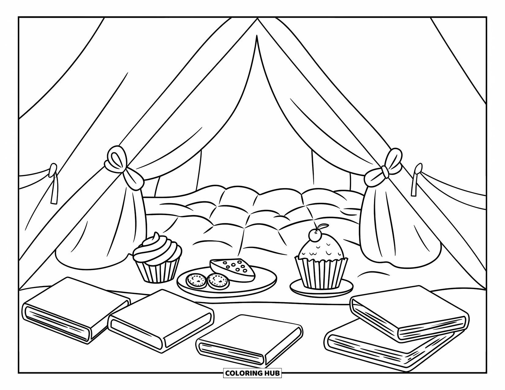 Tent Coloring Page for Kids: Tent fort filled with snacks, books, and cozy layers for indoor camping fun