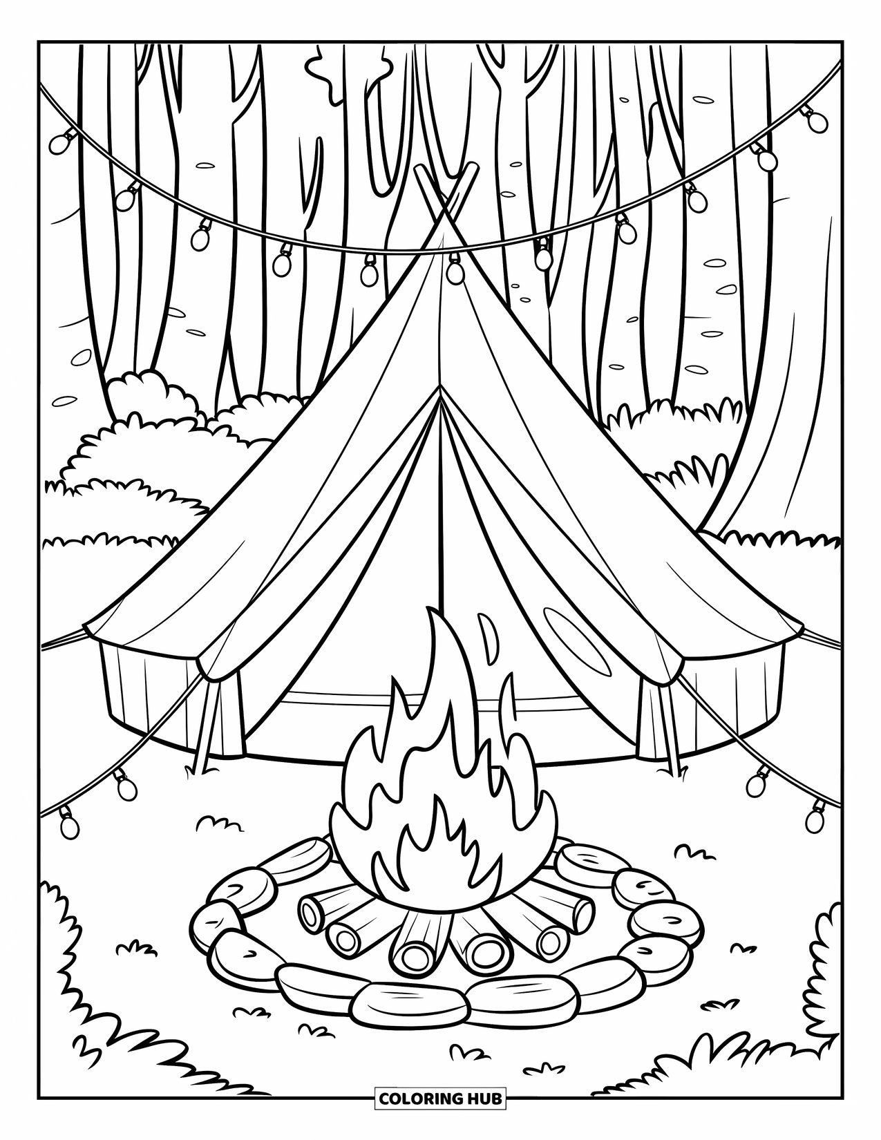 Tent Coloring Page for Kids: Tent lit with string lights near a glowing campfire under tall forest trees