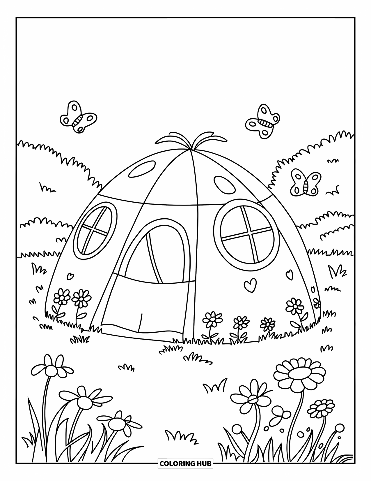 Tent Coloring Page for Kids: Tent with a smiling face, windows, butterflies, and flowers in a big field