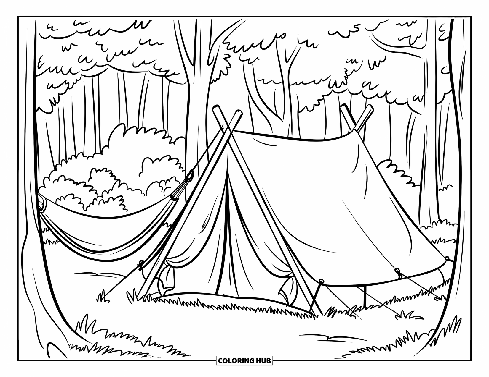 Tent Coloring Page for Kids: Tent with a wooden frame and a rope hammock nestled between two tall trees