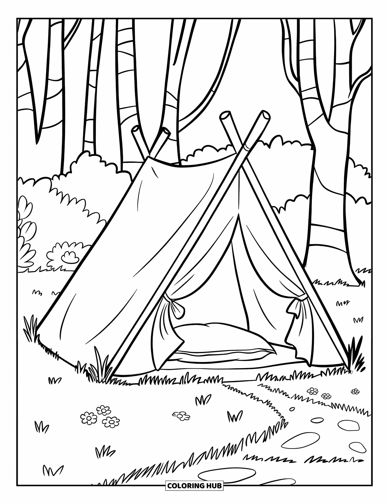 Tent Coloring Page for Kids: Tent with cozy pillow, flowers, and a clear path in a grassy area