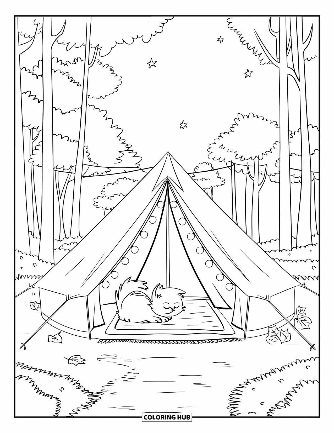 Tent Coloring Page for Kids: Tent with fairy lights and a cat napping, set in a leafy forest