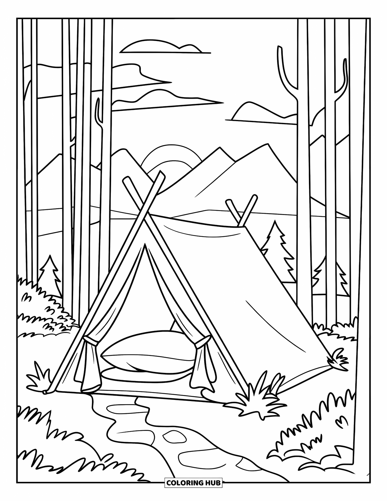Tent Coloring Page for Kids: Tent with open flap and pillow in a forest with mountains and a sunset