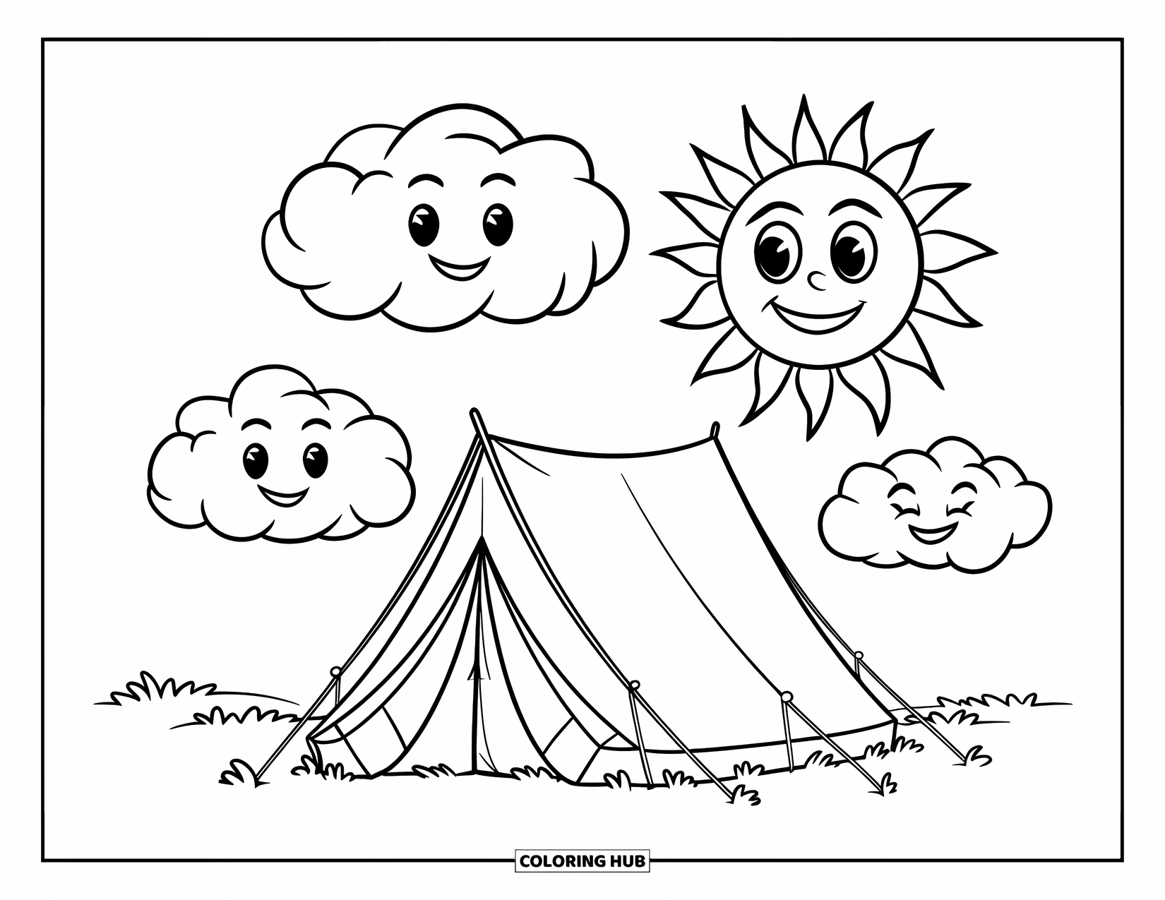 Tent Coloring Page for Kids: Tent with smiling clouds and a cheerful sun in a playful outdoor setting