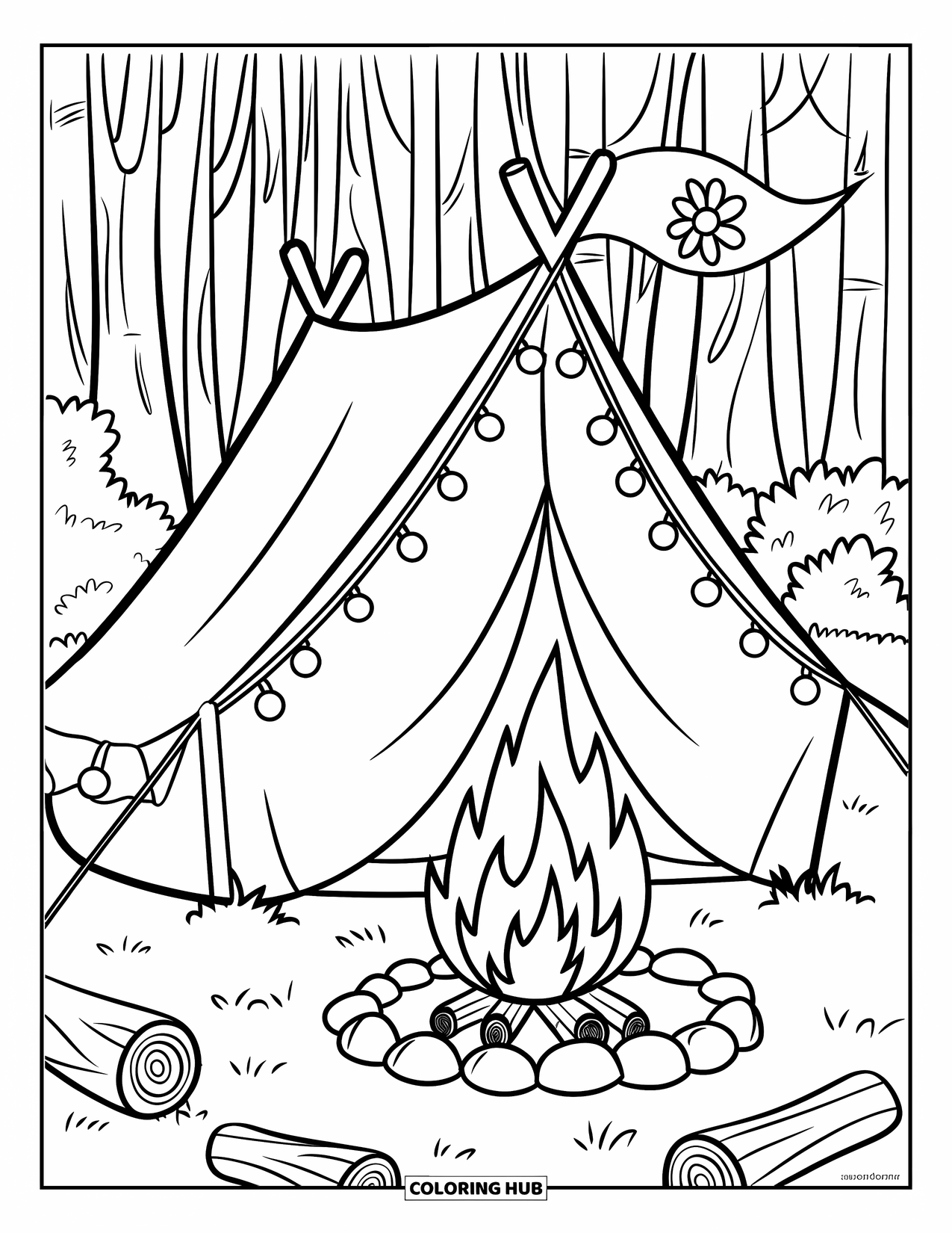Tent Coloring Page for Kids: Tent with string lights, a flower flag, and a bright campfire in the forest