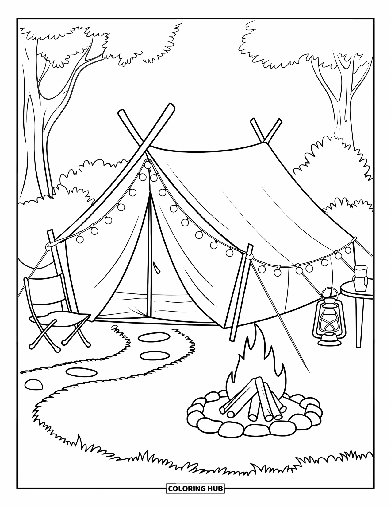 Tent Coloring Page for Kids: Tent with string lights and a campfire surrounded by stones and cozy camping items