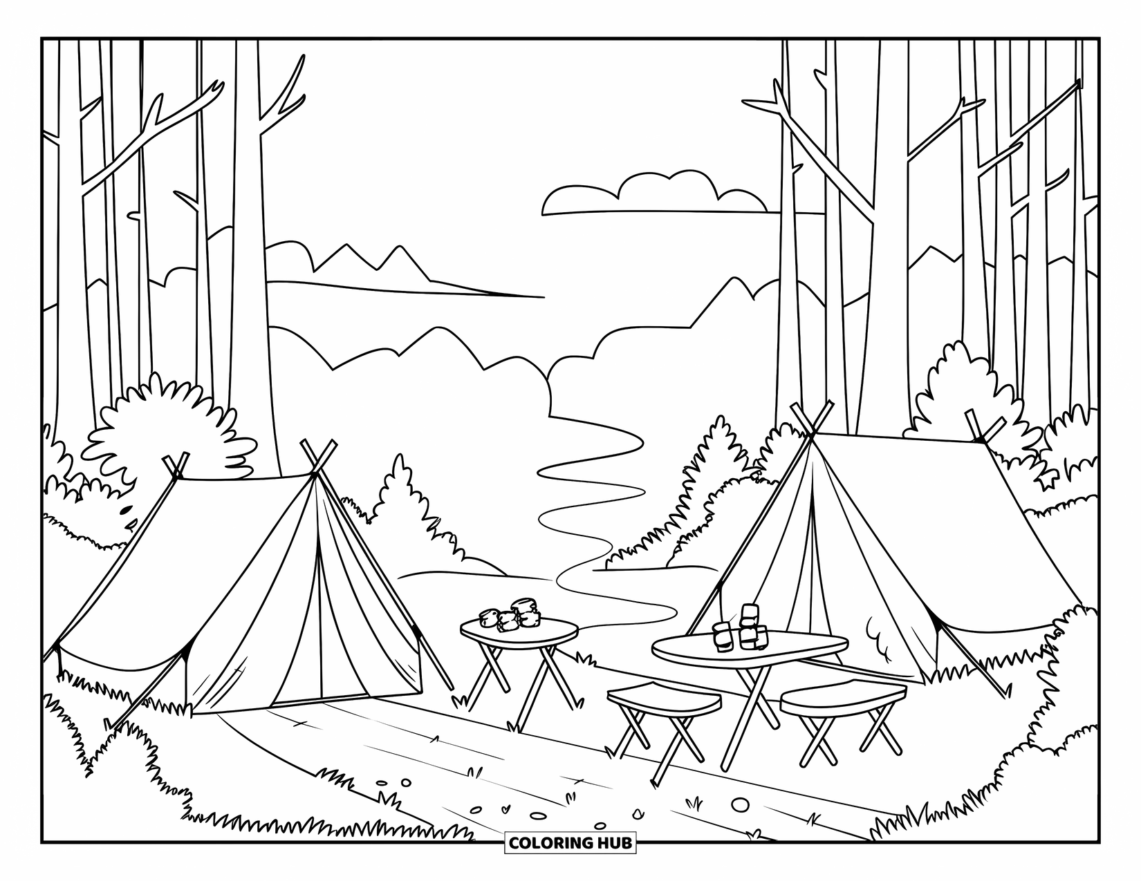 Tent Coloring Page for Kids: Tents and marshmallows in a forest clearing with grass, path, and clouds