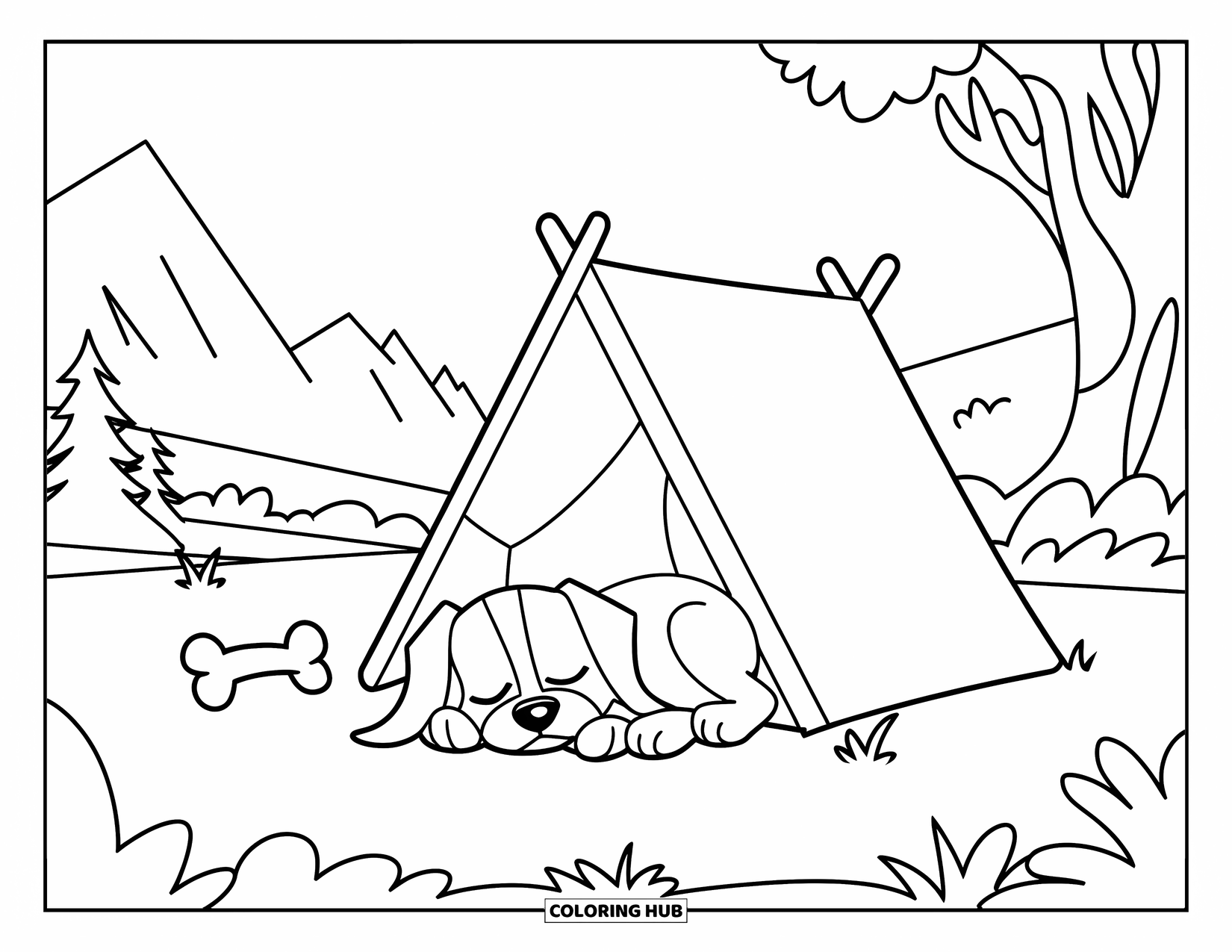 Tent Coloring Page for Kids: Tiny pup sleeps beside a tent with a bone in a peaceful mountain setting
