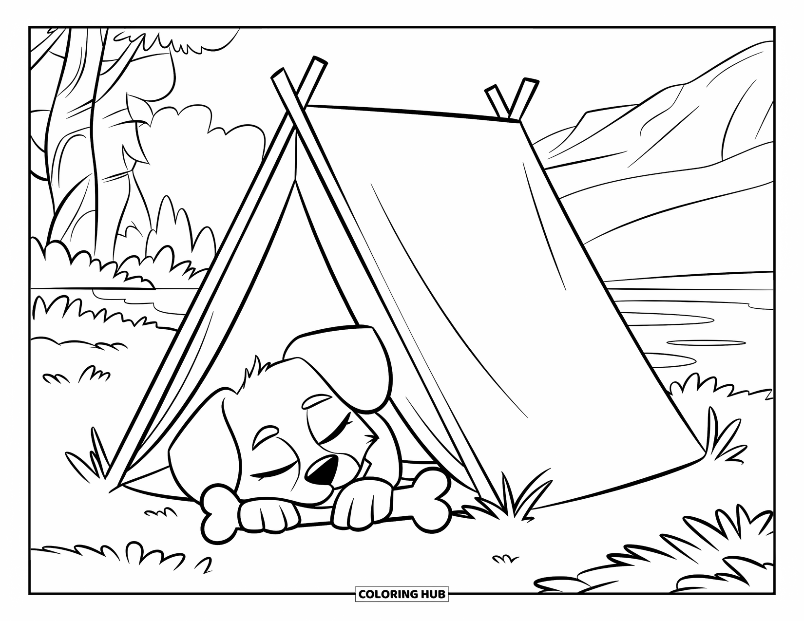Tent Coloring Page for Kids: Tiny pup with a bone naps beside a tent near water and trees