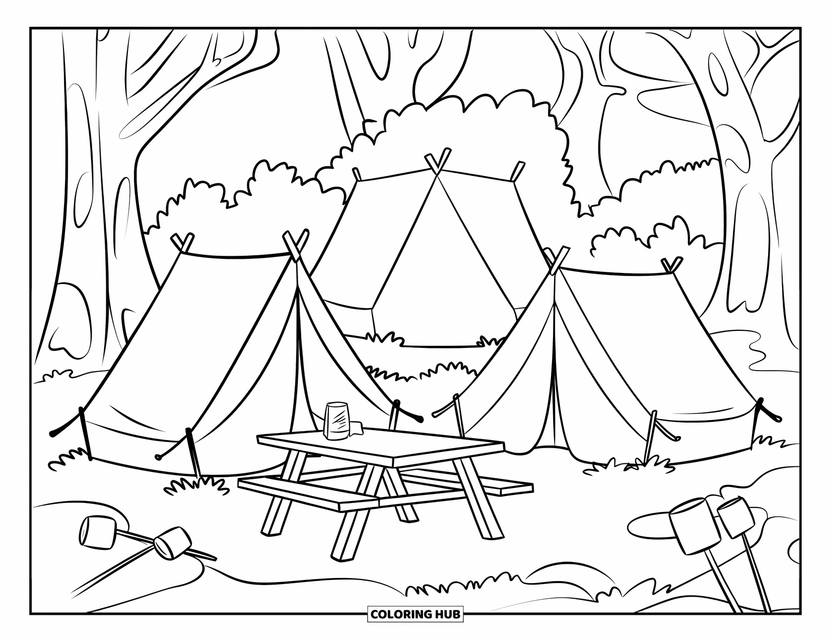 Tent Coloring Page for Kids: Two tents and picnic table with marshmallows in a quiet forest camp