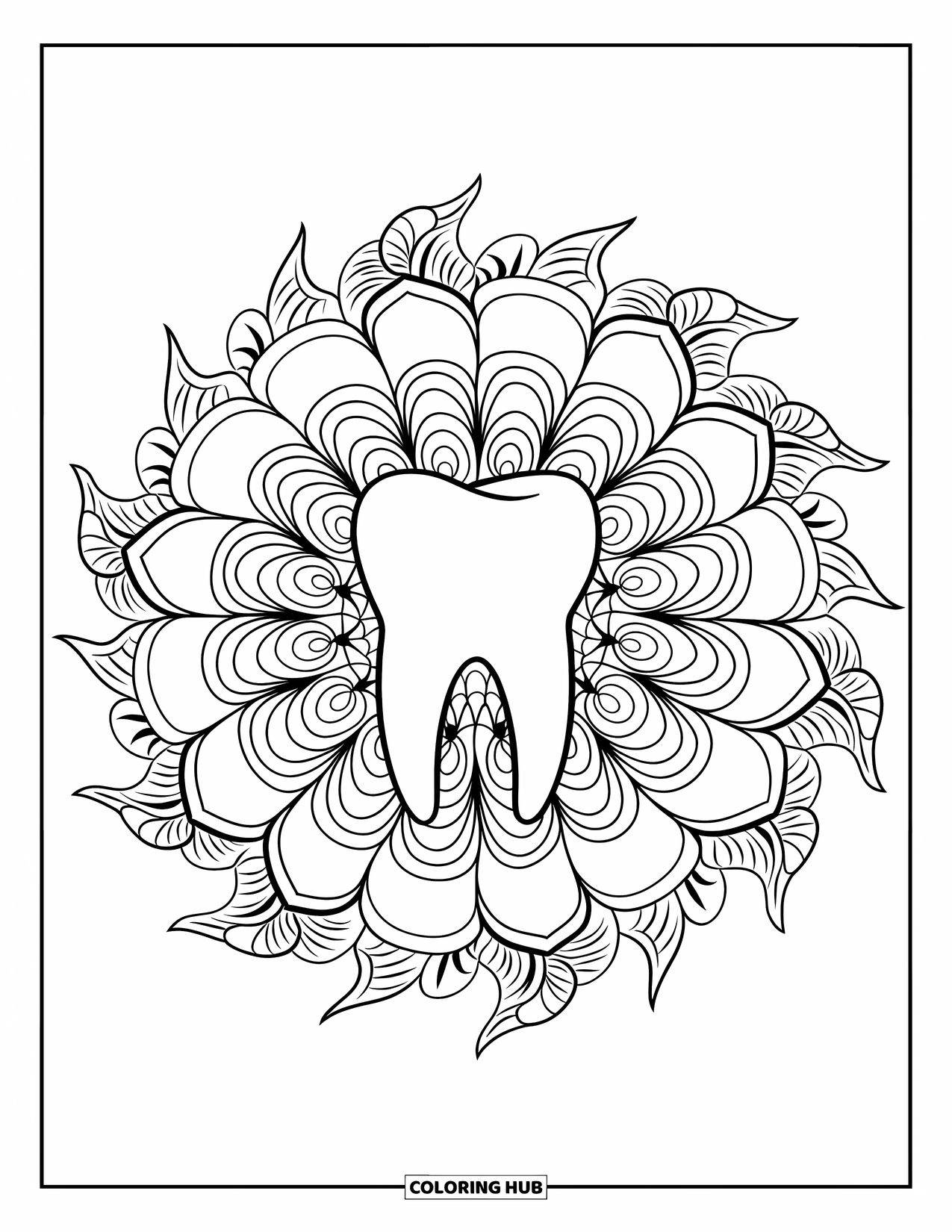 Tooth Coloring Page for Adults: A big molar sits among layered petals and curling vines in a floral mandala