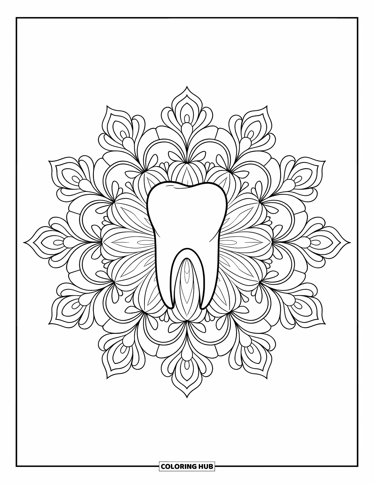 Tooth Coloring Page for Adults: A centered tooth is surrounded by lotus rings and soft, symmetrical designs