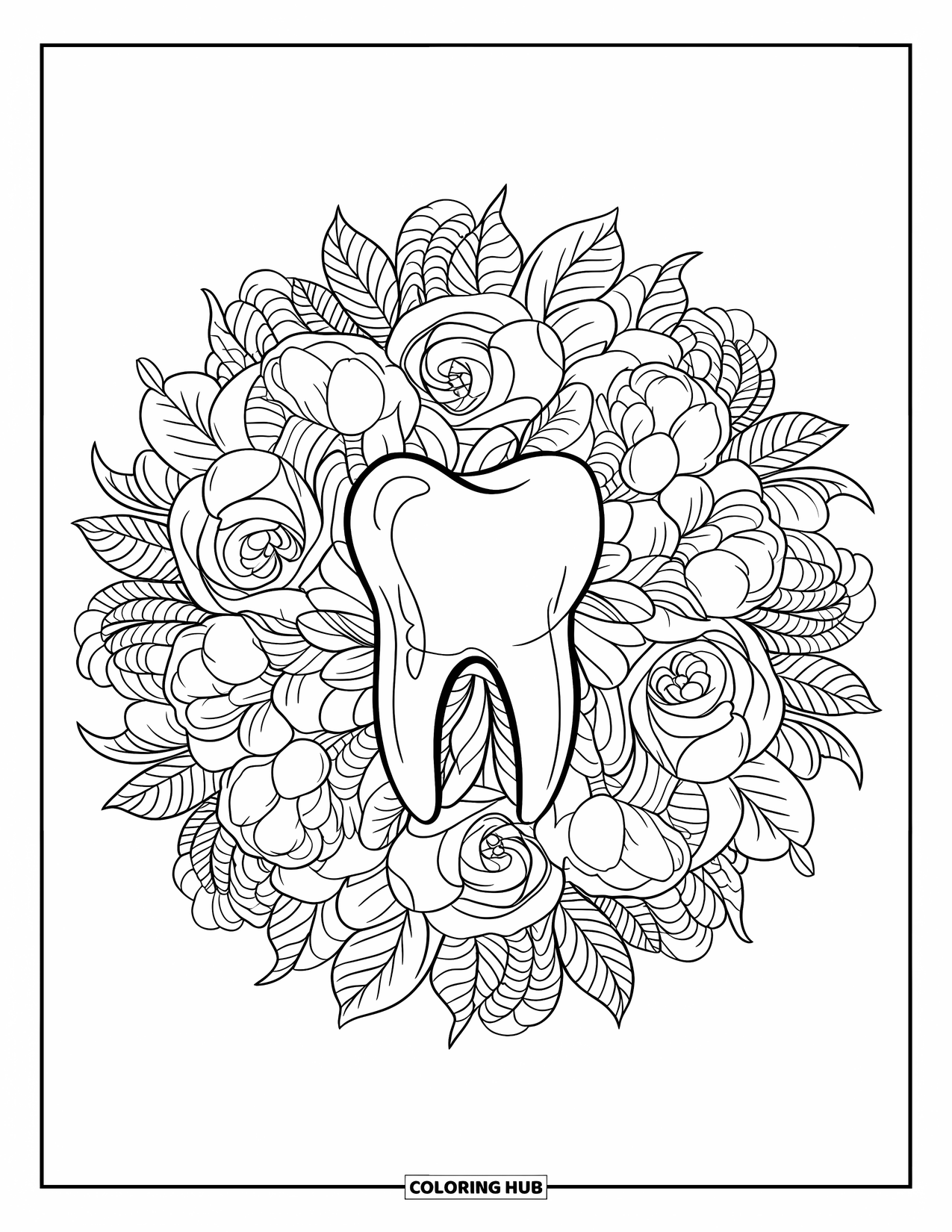 Tooth Coloring Page for Adults: A central tooth is encircled by an intricate mandala of flowers and leaves