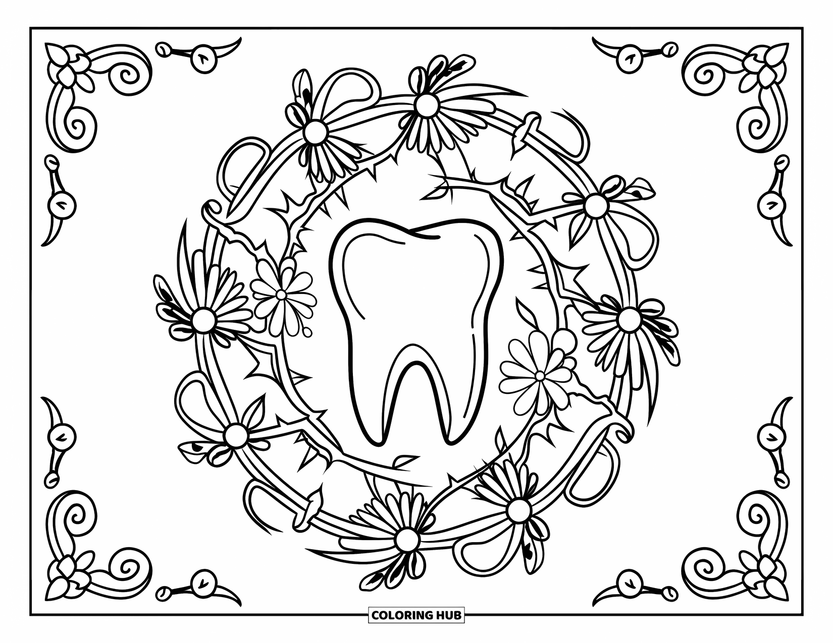 Tooth Coloring Page for Adults: A central tooth is framed by a wildflower mandala with thorny vines and scrolls