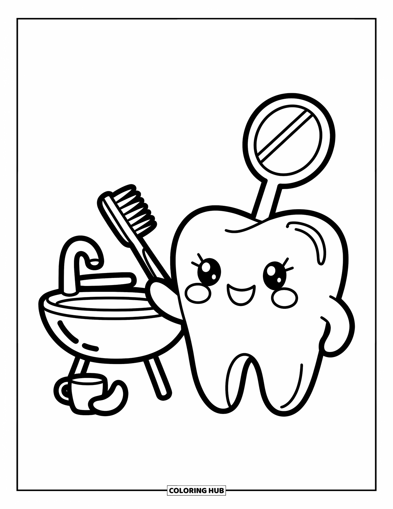 Tooth Coloring Page for Adults: A happy tooth cleans itself with a toothbrush beside a bubbly little sink