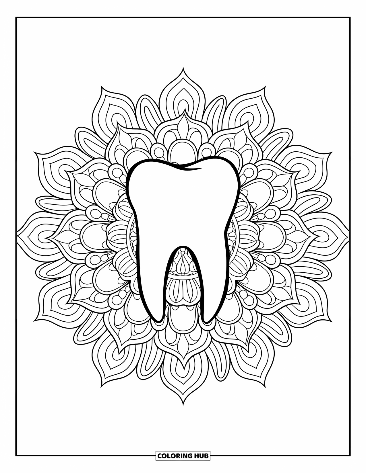 Tooth Coloring Page for Adults: A large molar rests in the center of a swirling floral mandala design