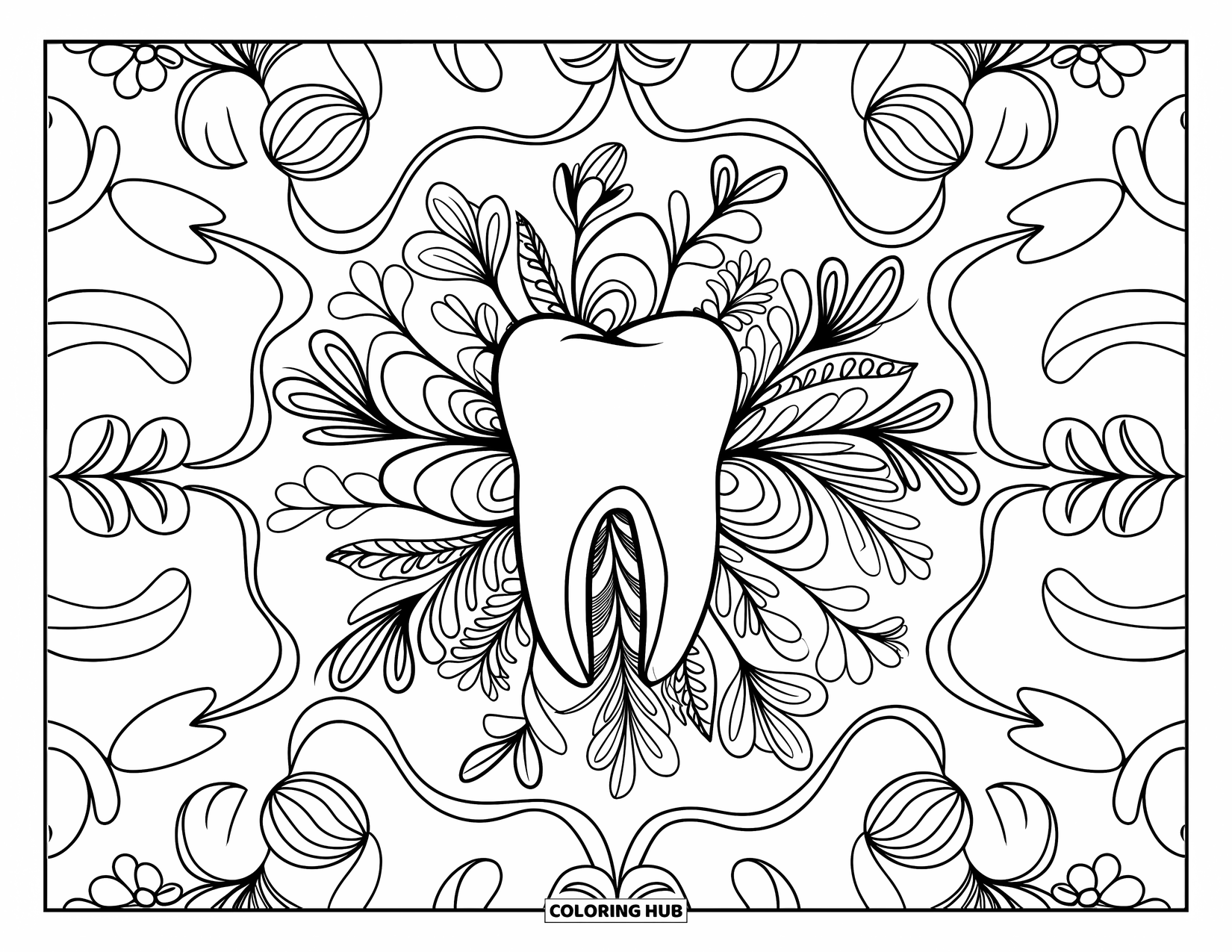 Tooth Coloring Page for Adults: A molar is framed by detailed floral lace and looping botanical shapes