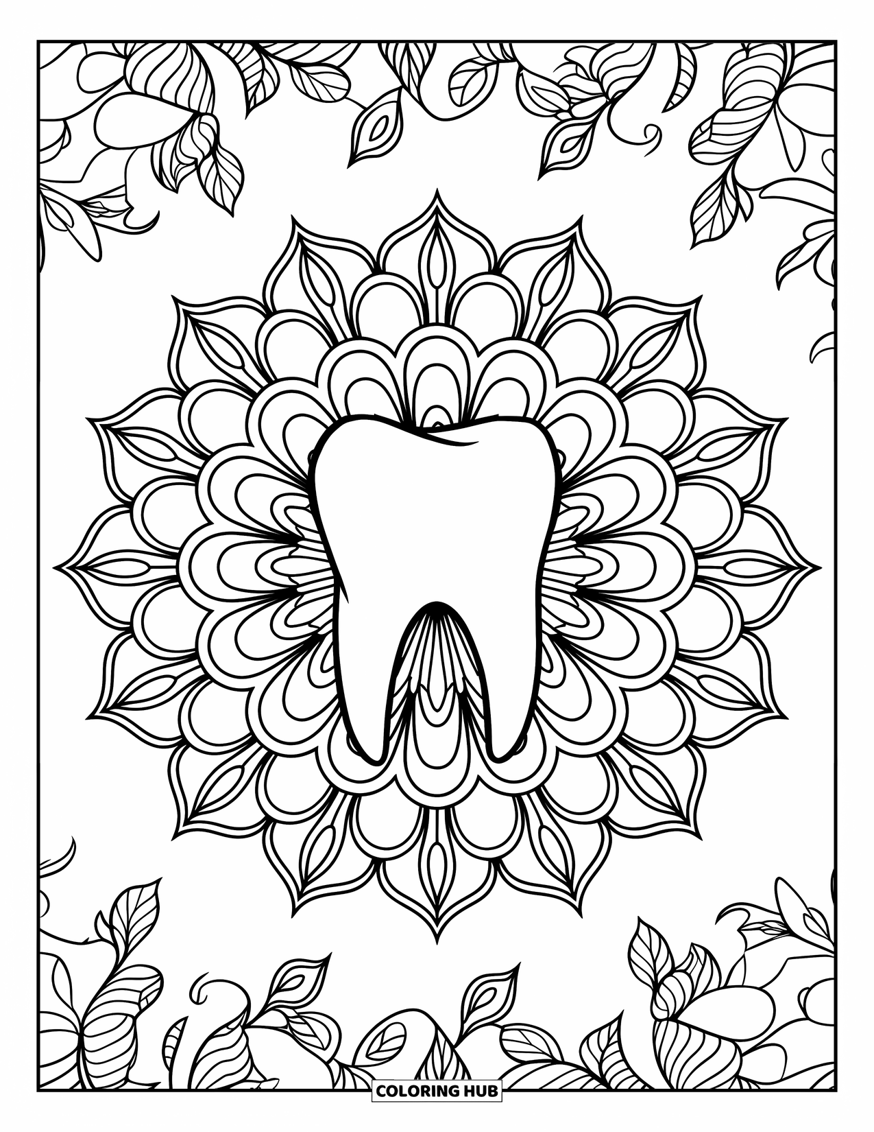 Tooth Coloring Page for Adults: A molar is surrounded by radiating flower petals and swirling vine designs