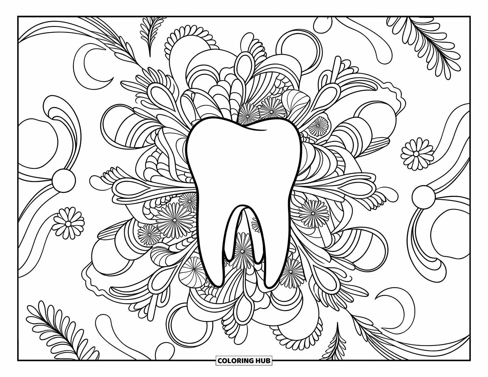 Tooth Coloring Page for Adults: A molar tooth rests in a garden of intricate floral and vine patterns