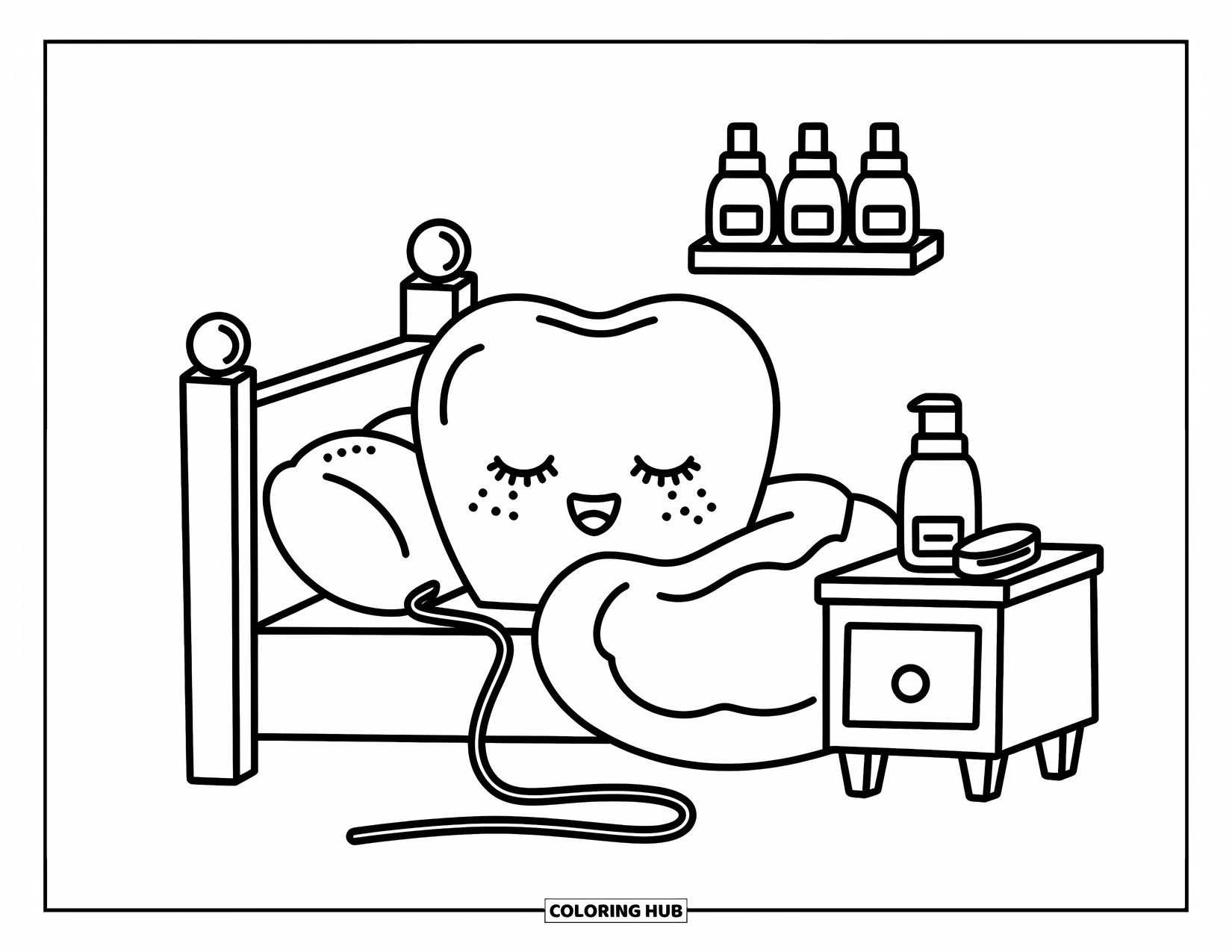Tooth Coloring Page for Adults: A sleepy tooth snuggles in bed beside floss and tiny mouthwash bottles