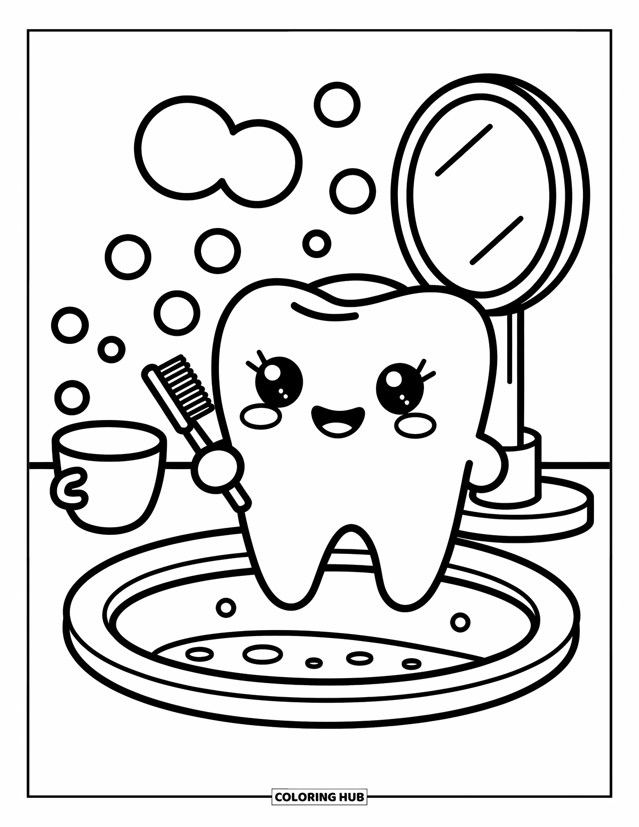 Tooth Coloring Page for Adults: A smiling tooth brushes itself beside a bubbly sink and mirror