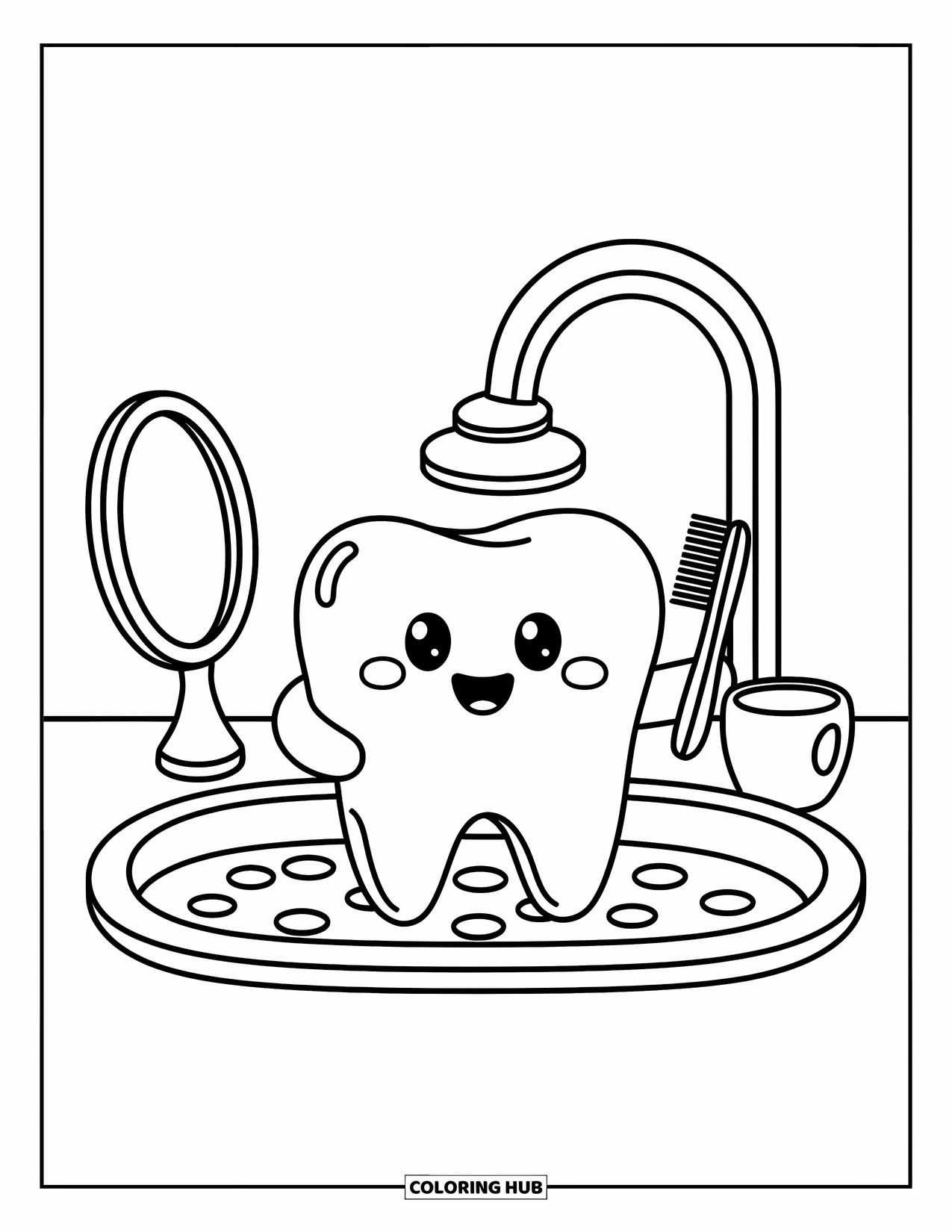 Tooth Coloring Page for Adults: A tiny smiling tooth holds a toothbrush beside a bubbly sink and cup