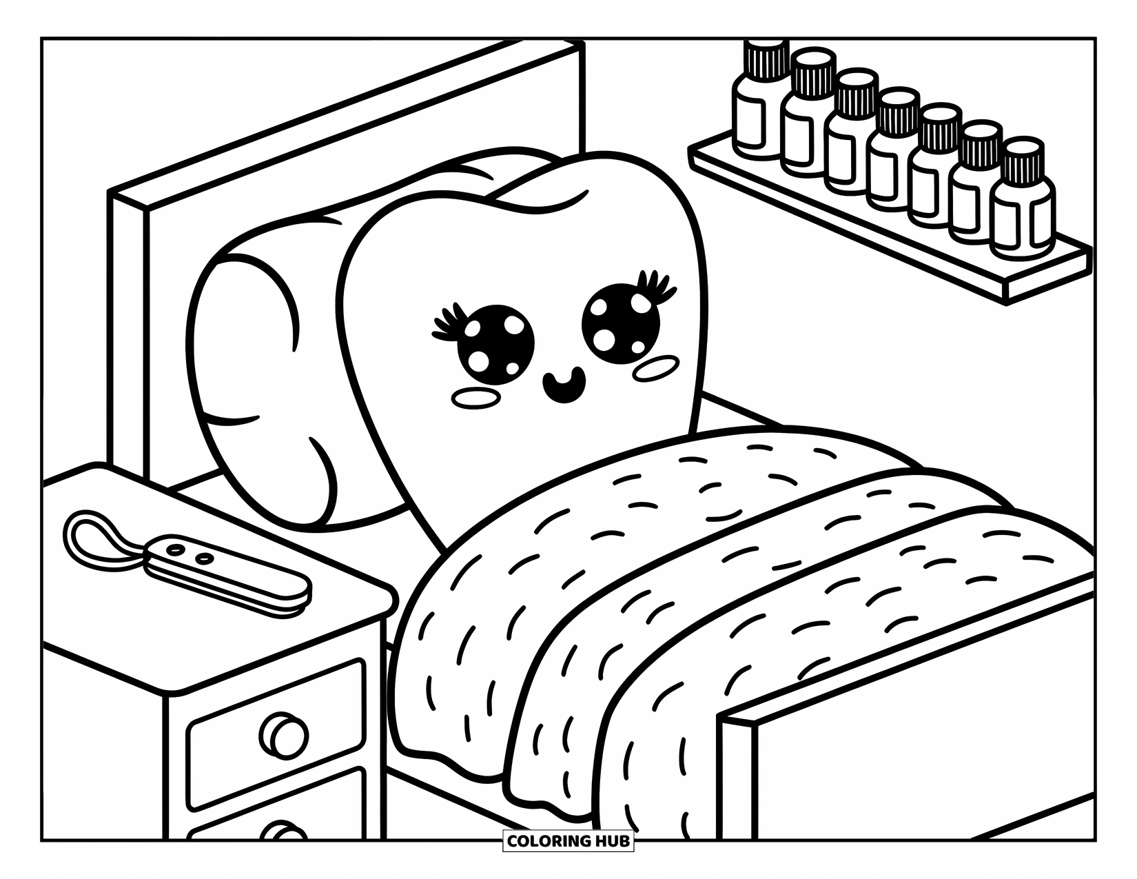 Tooth Coloring Page for Adults: A tired tooth rests cozily in bed with floss and tiny mouthwash nearby