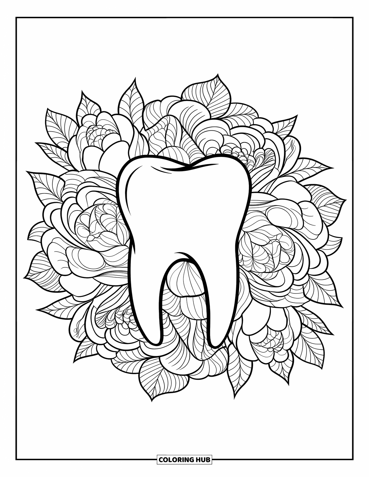 Tooth Coloring Page for Adults: A tooth rests in a circle of roses, peonies, and layered leaf designs