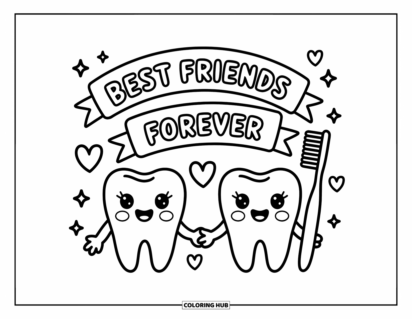Tooth Coloring Page for Adults: Two tooth friends and a toothbrush smile under a ìBest Friends Foreverî banner