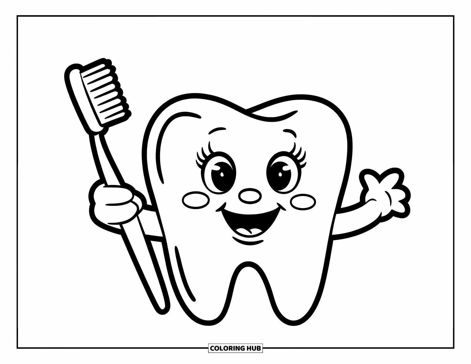 Tooth Coloring Page for Kids: A big smiling tooth holds a toothbrush and beams happily