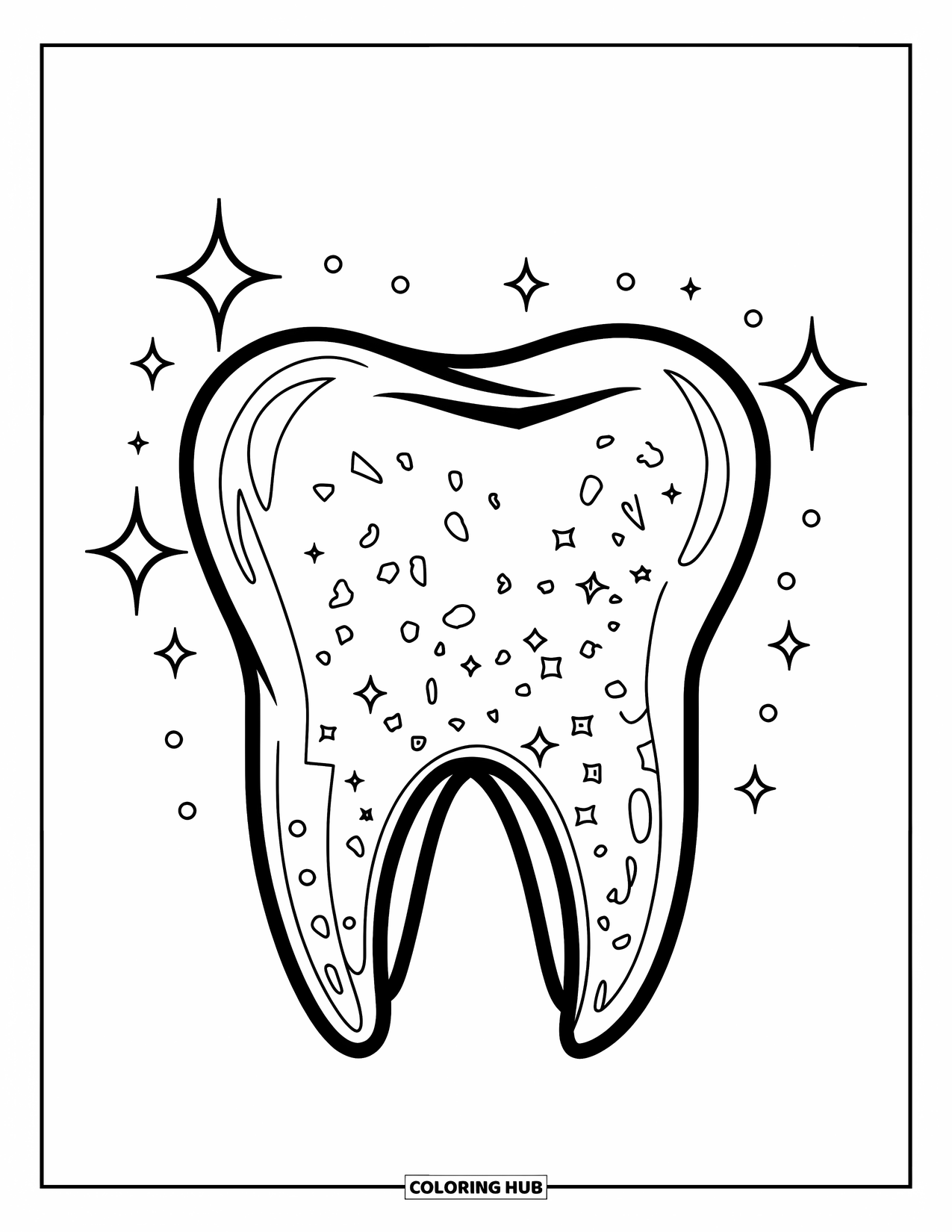 Tooth Coloring Page for Kids: A big tooth sparkles with small plaque bits all around it