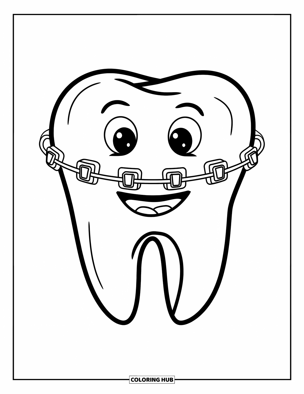 Tooth Coloring Page for Kids: A cheerful tooth with braces grins simply on a plain white background