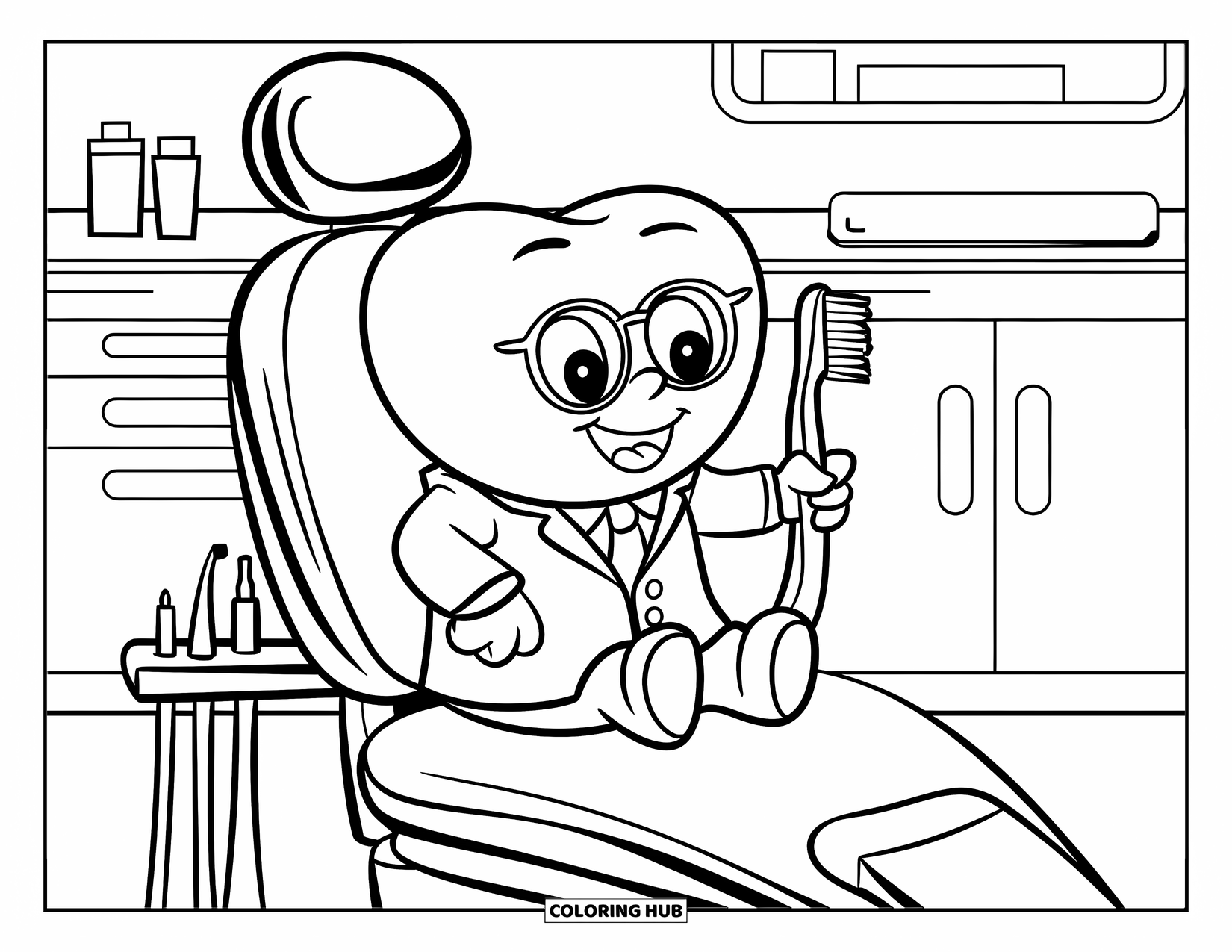 Tooth Coloring Page for Kids: A cute tooth in a dentistís coat waits patiently in the chair