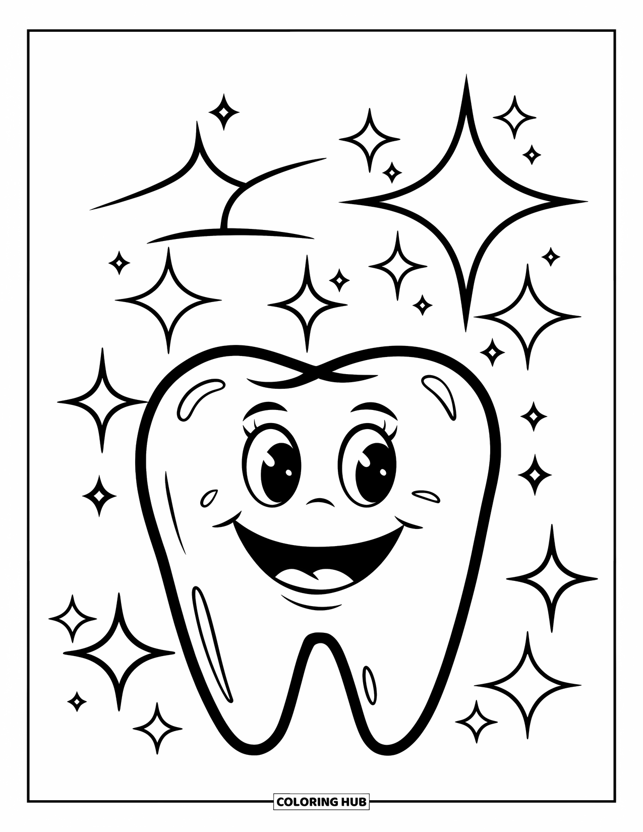 Tooth Coloring Page for Kids: A happy tooth sparkles brightly with a big smile and shining stars around it