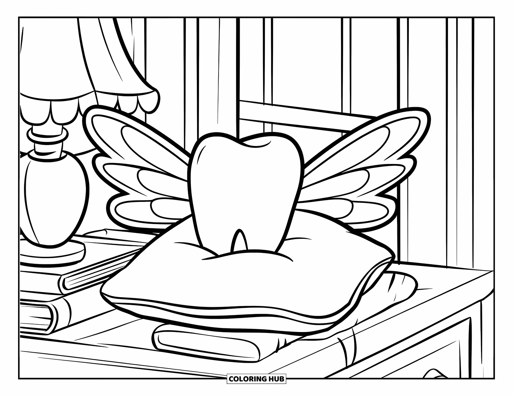 Tooth Coloring Page for Kids: A magical tooth rests on a winged pillow beside a lamp and book