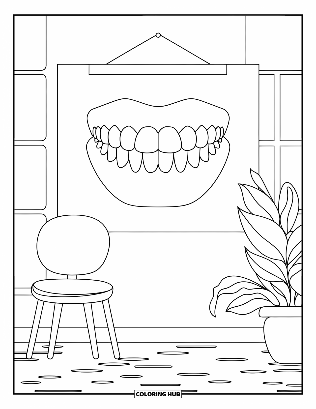 Tooth Coloring Page for Kids: A quiet waiting area with a tooth poster and a cozy plant nearby