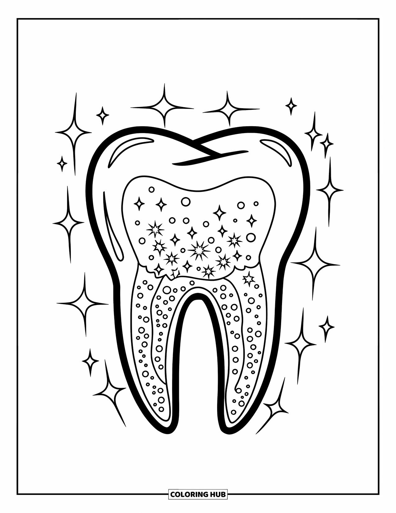 Tooth Coloring Page for Kids: A shiny tooth with sparkles and plaque rests in the center of the page