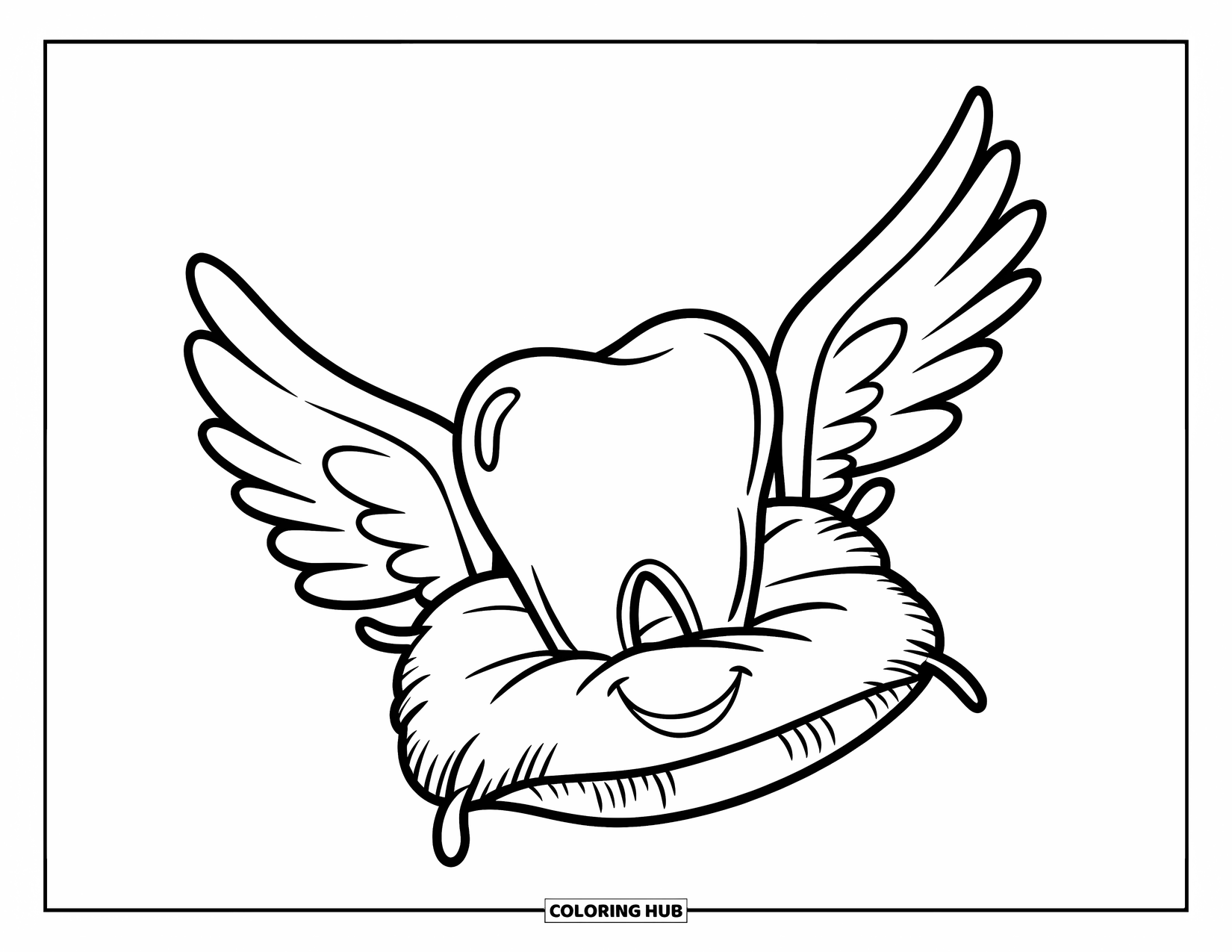 Tooth Coloring Page for Kids: A smiling pillow with wings holds a special tooth in the air