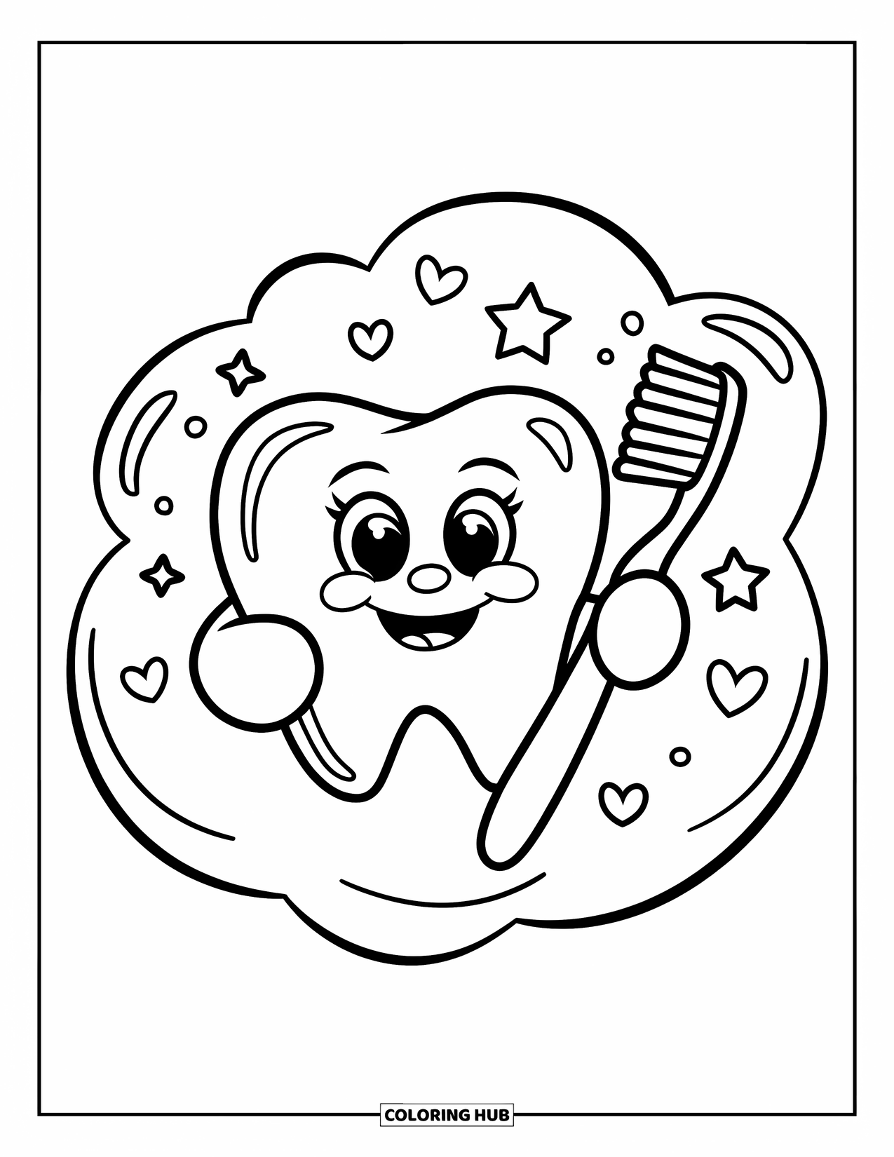 Tooth Coloring Page for Kids: A smiling tooth holds a toothbrush inside a floating bubble with stars and hearts