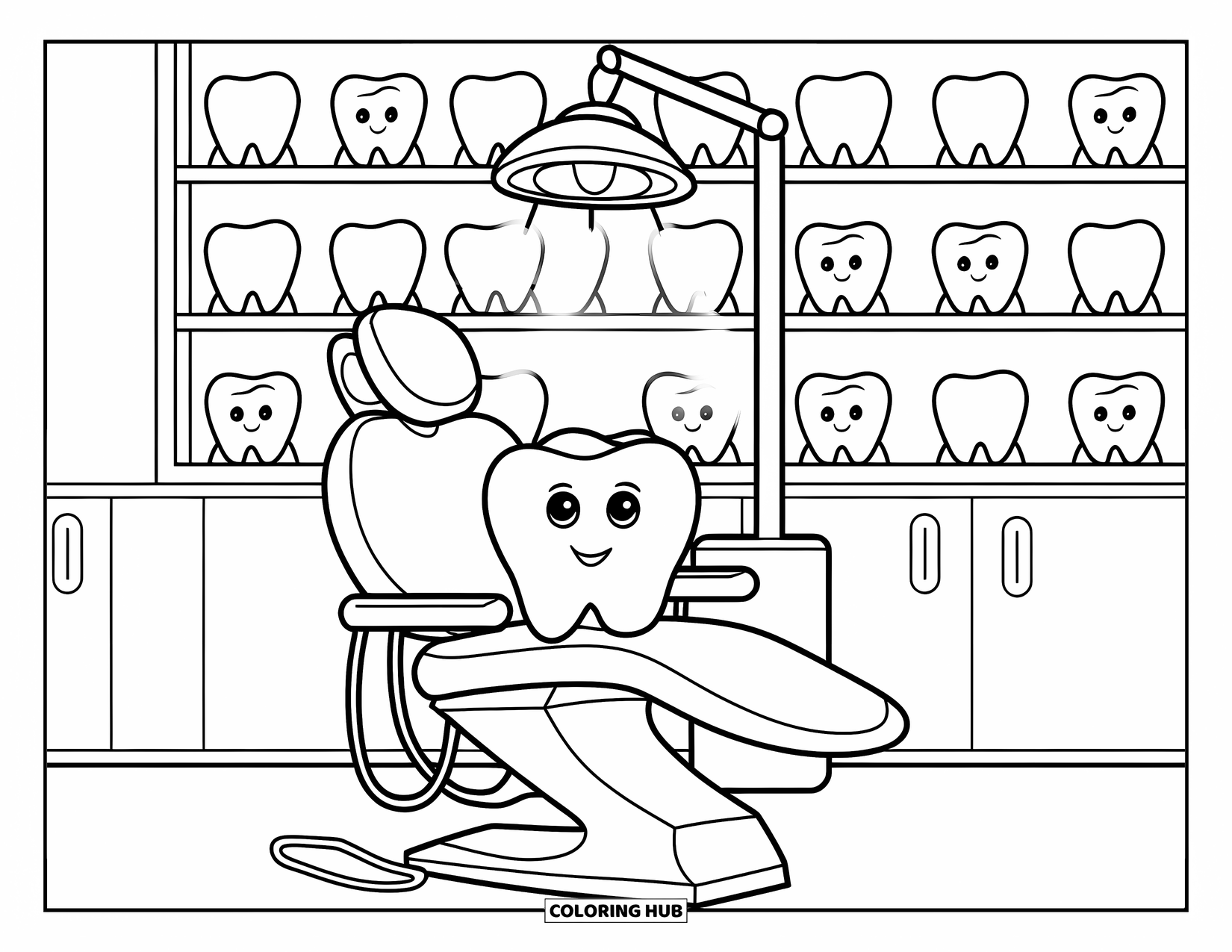 Tooth Coloring Page for Kids: A smiling tooth sits in the dental chair with shelves full of teeth behind it