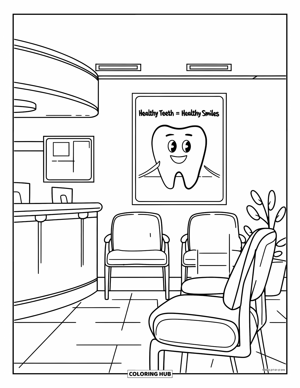 Tooth Coloring Page for Kids: A welcoming dental office with chairs, a poster, and a friendly reception desk