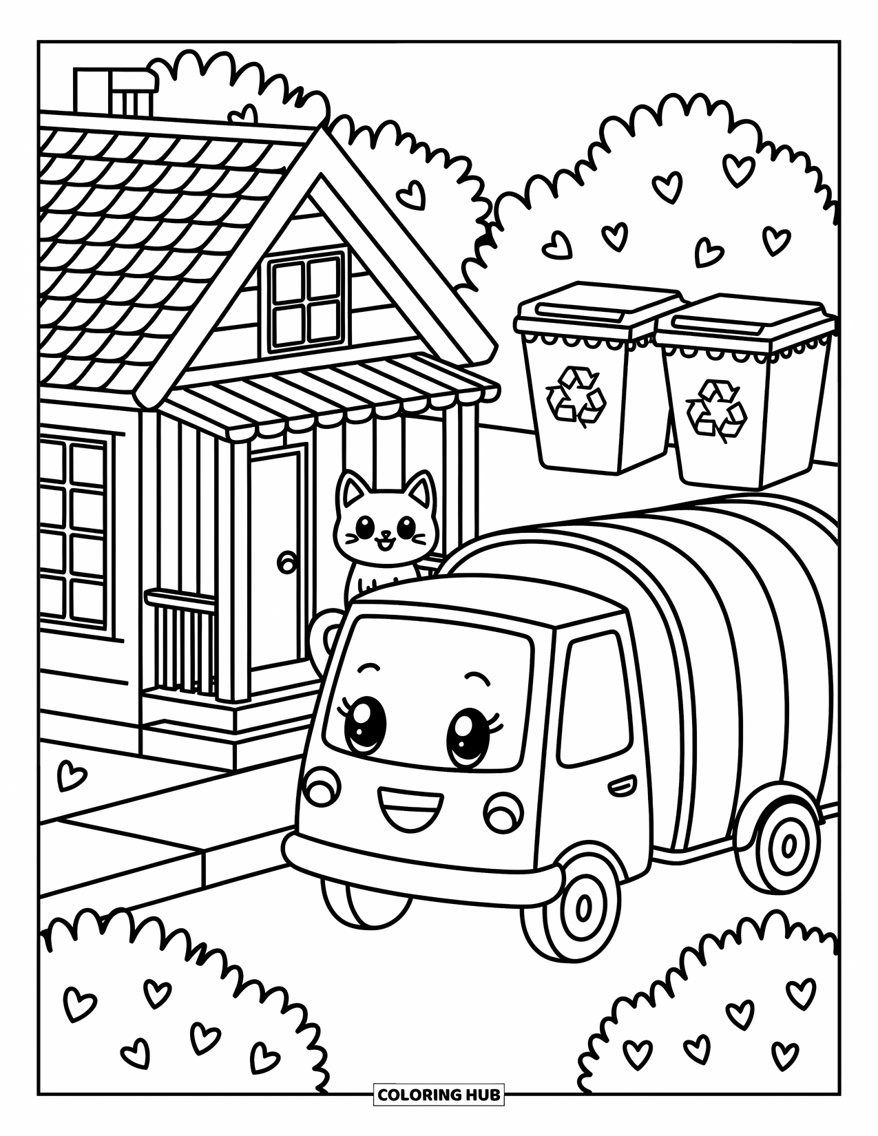 Trash Truck Coloring Page for Adults: A cozy trash truck and a curious cat sit among leafy bushes and smiling bins