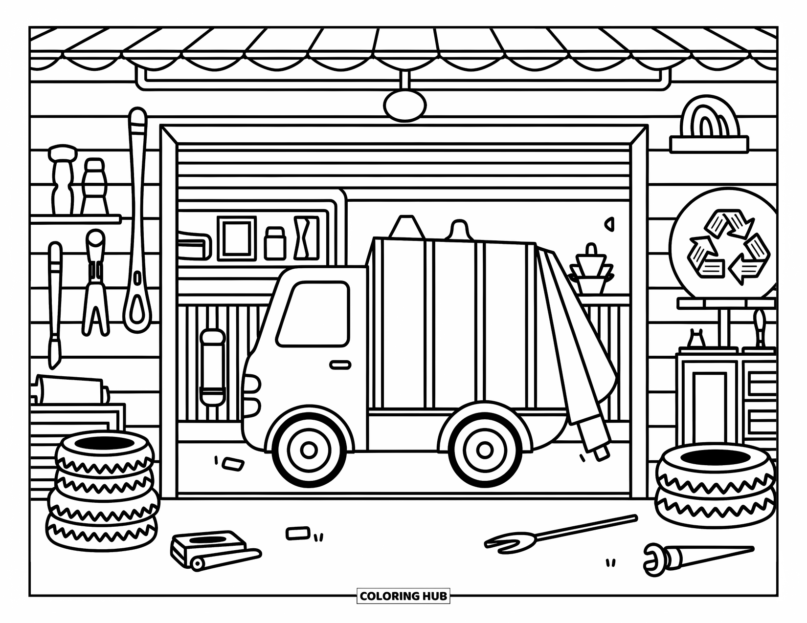 Trash Truck Coloring Page for Adults: A cozy trash truck rests inside a tidy garage filled with cute little tools