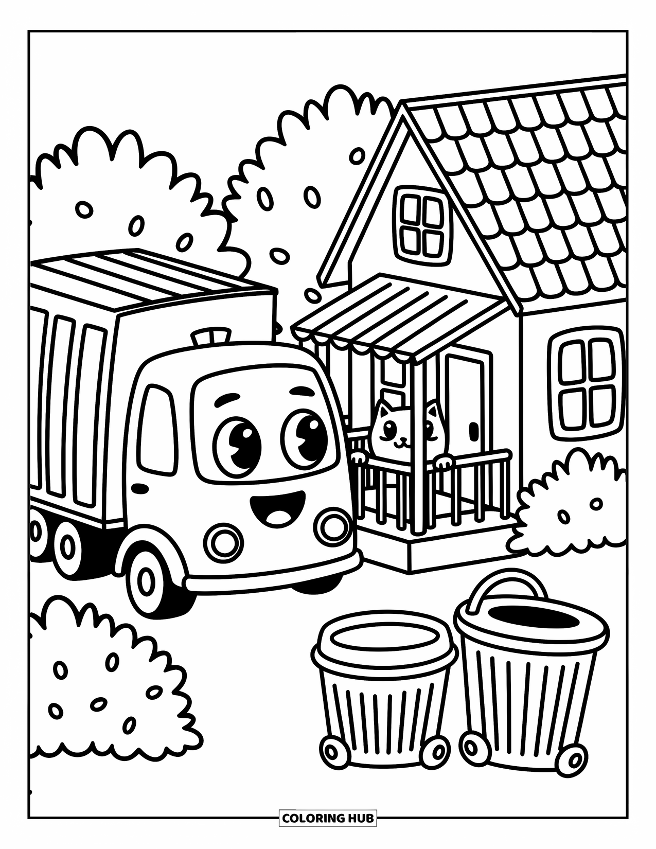 Trash Truck Coloring Page for Adults: A cute truck and peeking cat share space near happy bins and soft bushes